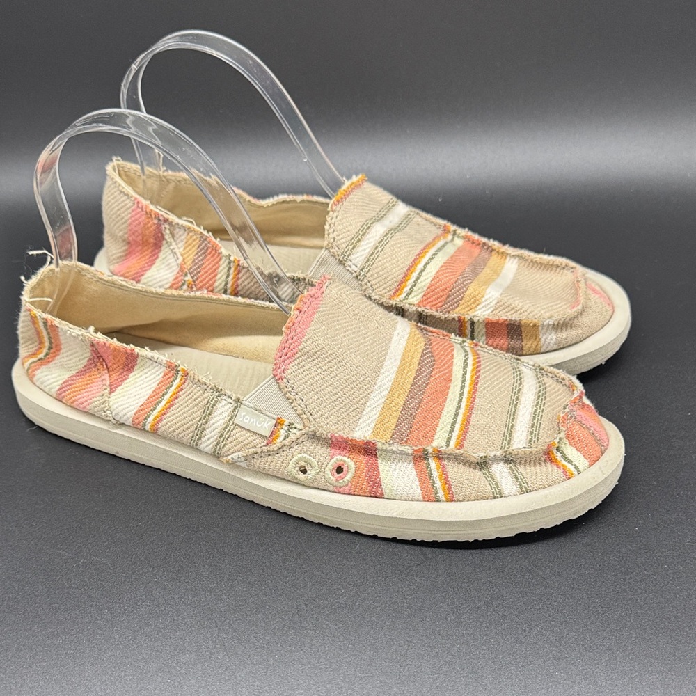 Women’s Sanuk Striped Canvas Slip-On Flats in Coral, Tan and Cream